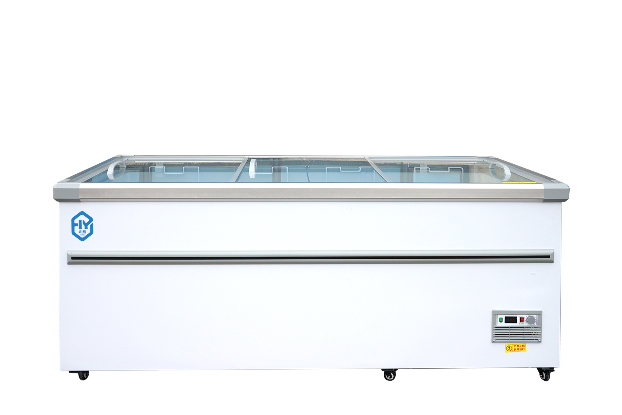 Deep island freezer for frozen foods in supermarkets.