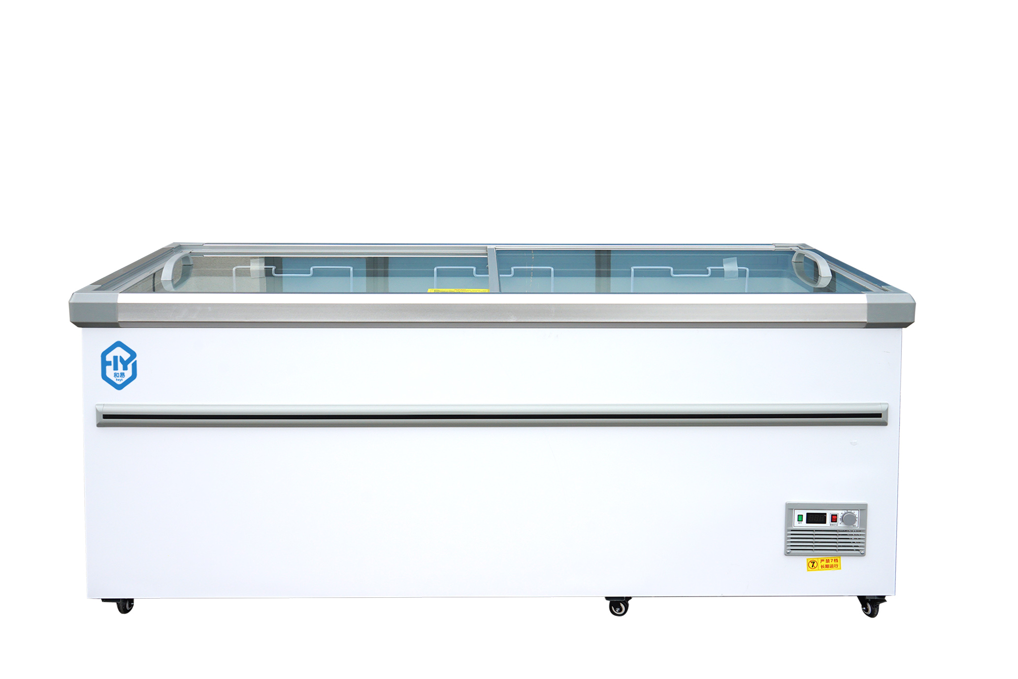 Deep island freezer for frozen foods in supermarkets.